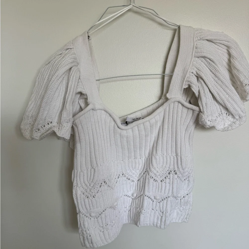 Zara White Puff Sleeve Ribbed Blouse - Picture 3 of 3